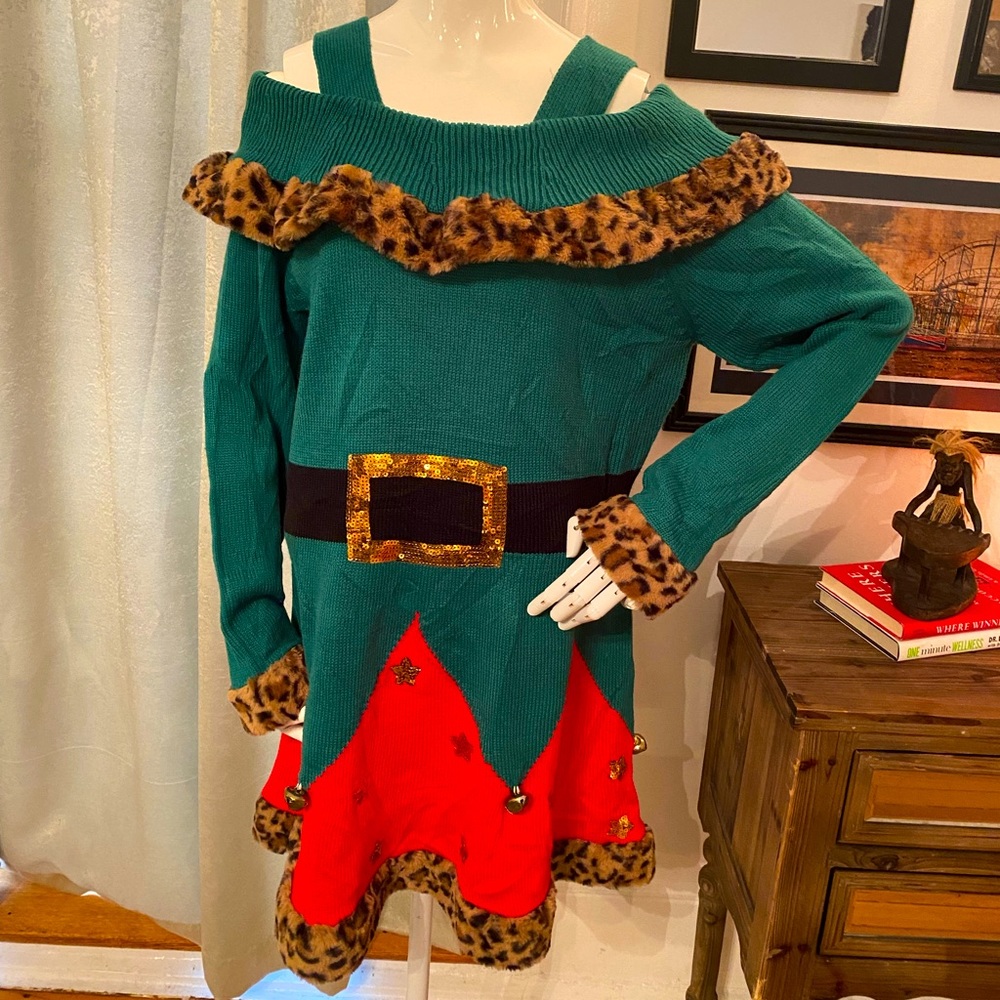 NWOT Knit Jingle Bell Elf Dress Ugly? Christmas Sweater Holiday Time L 12 14